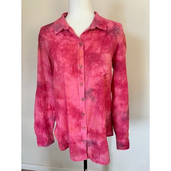 PILCRO Pink Watercolor Tie Dye Floral Embroidered Button Down Shirt Size Small - Picture 2 of 9